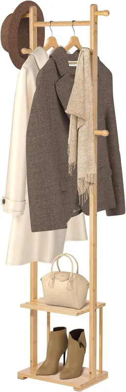 Bamboo coat rack with 2 shelves