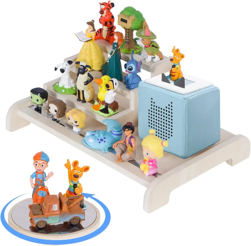 Magnetic shelf for audio figures, rotating tray